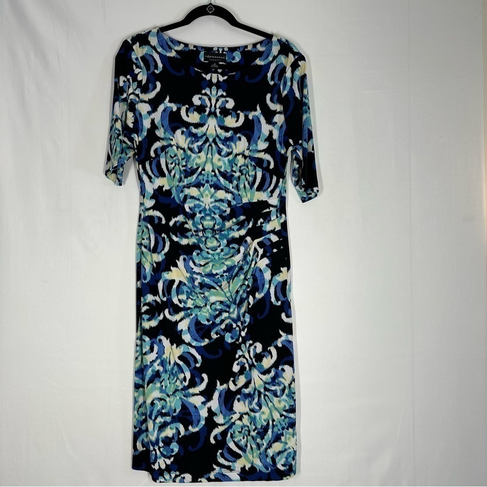 Connected Apparel Multicolor Round Neck Ruched Waist Stretch Sheath Dress Sz 12 - Picture 3 of 9
